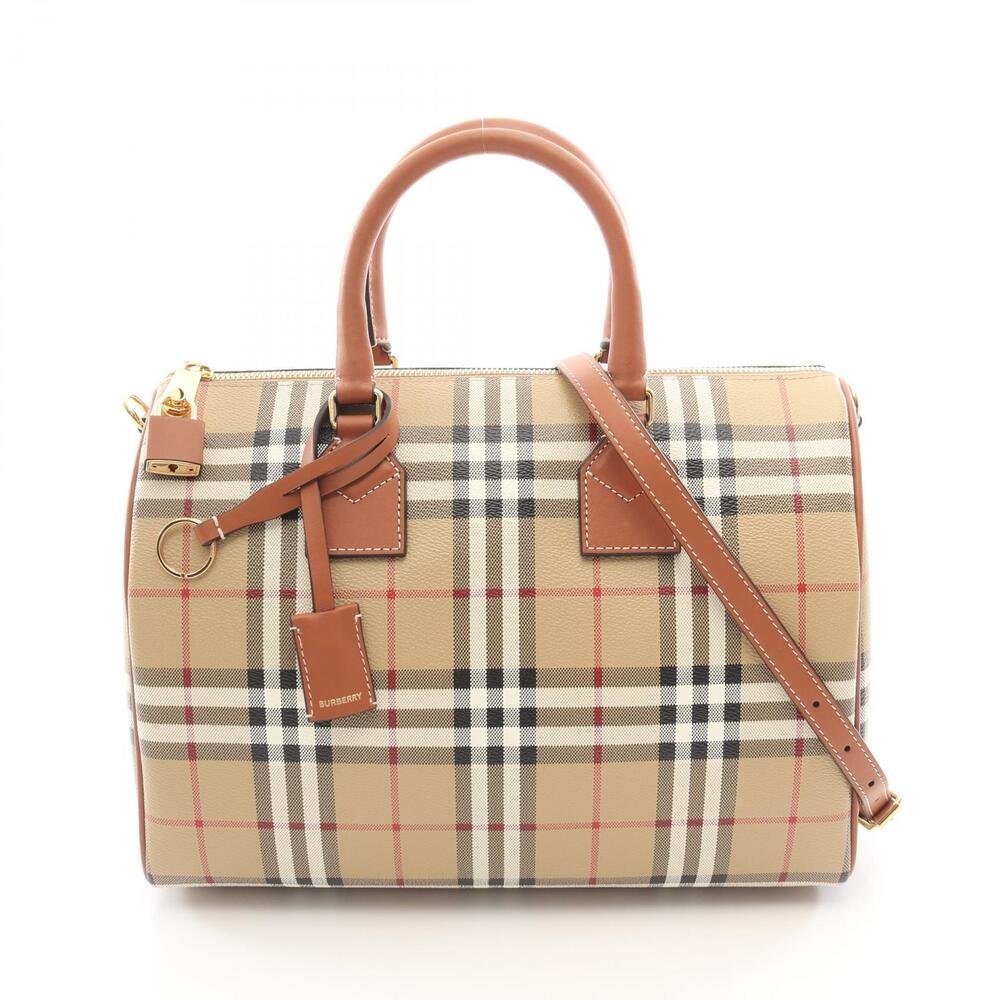 Burberry Check Handbag Leather Canvas Beige Brown